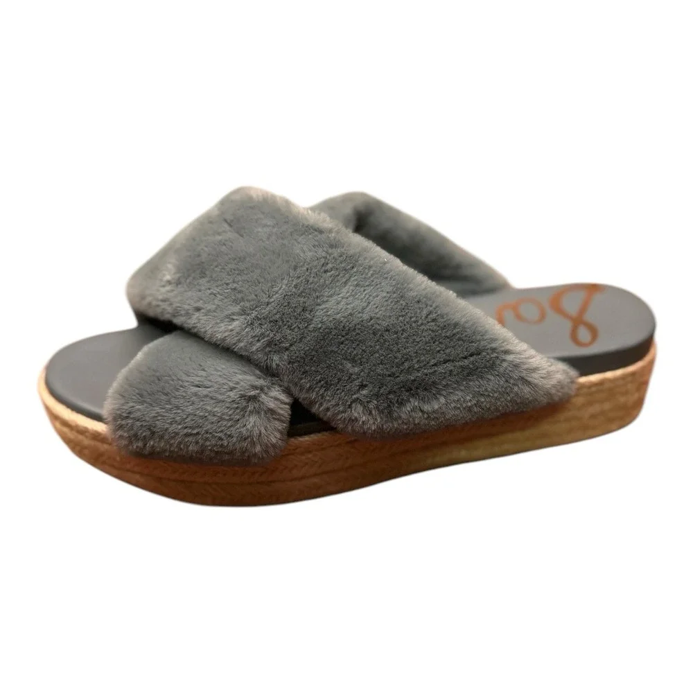 Sam Edelman Gray Faux Fur Criss Cross Espadrille Platform Slides Size 9.5